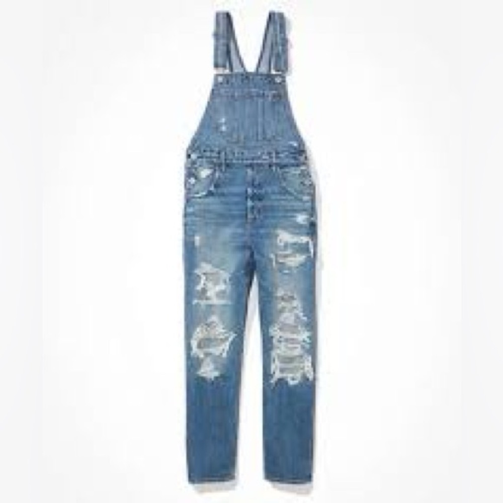American Eagle 90s Boyfriend Overalls Women's XS Distressed Cotton Blue Denim - Picture 10 of 10